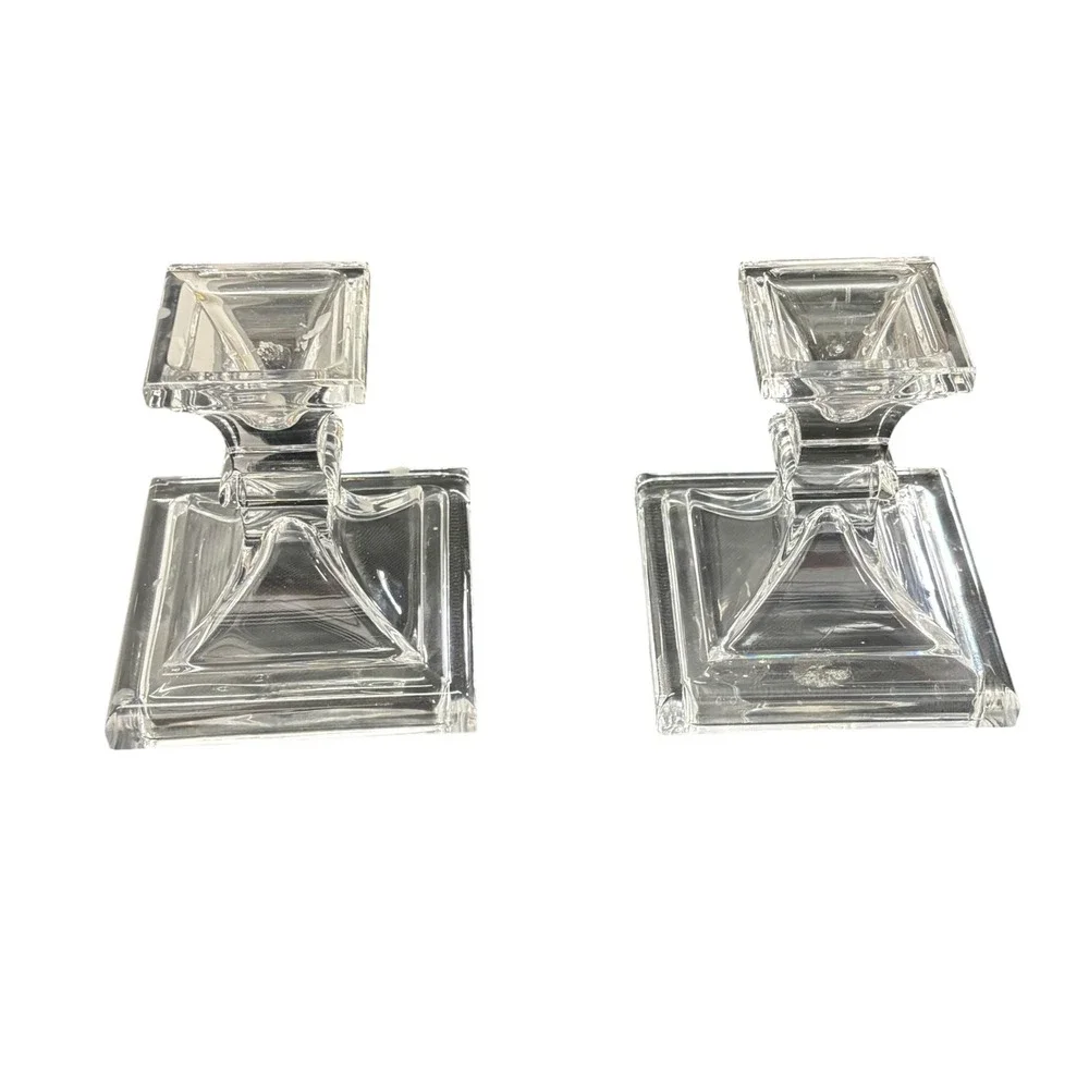 Bohemia VTG Style Clear Glass Square Base Taper Candlestick Holders Set of 2